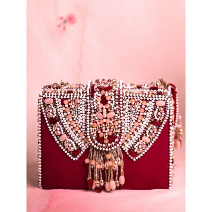 Hello Hi Sara Maroon Suede Embellished Box Clucth