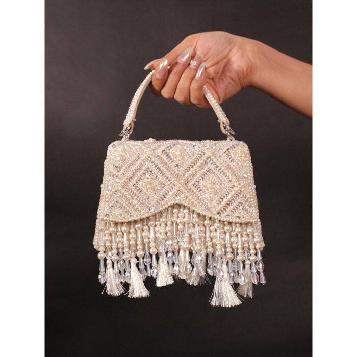 Hello Hi Elara Ivory Suede Embellished Clutch with Detachable Sling Chain
