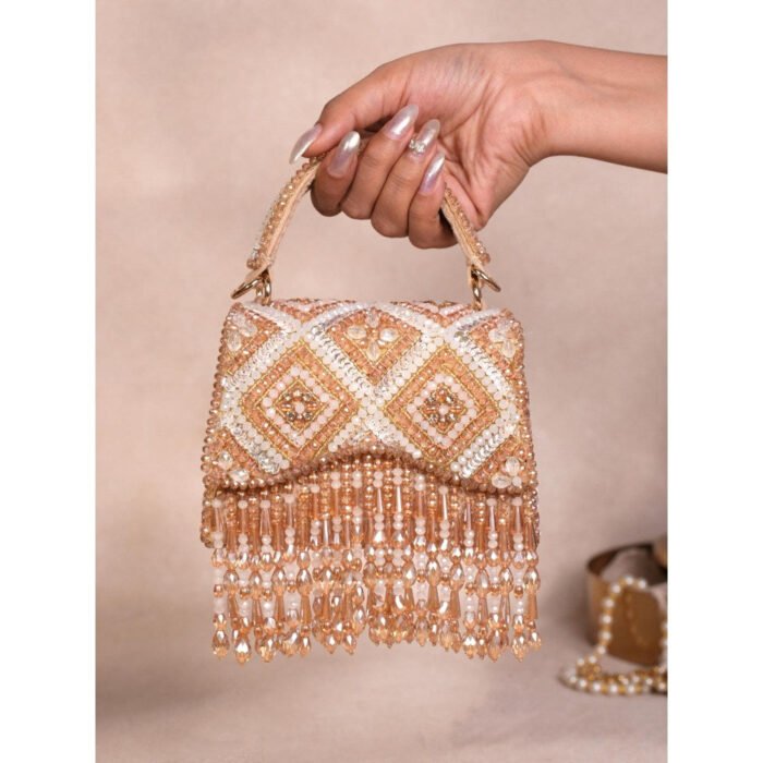 Hello Hi Elara Gold Pastel Suede Embellished Clutch with Detachable Sling Chain