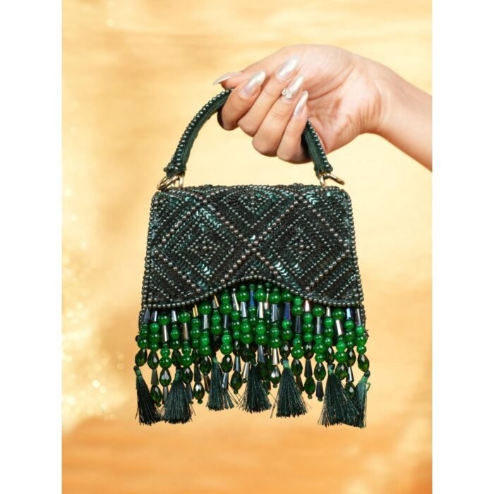 Hello Hi Elara Green Suede Embellished Clutch with Detachable Sling Chain