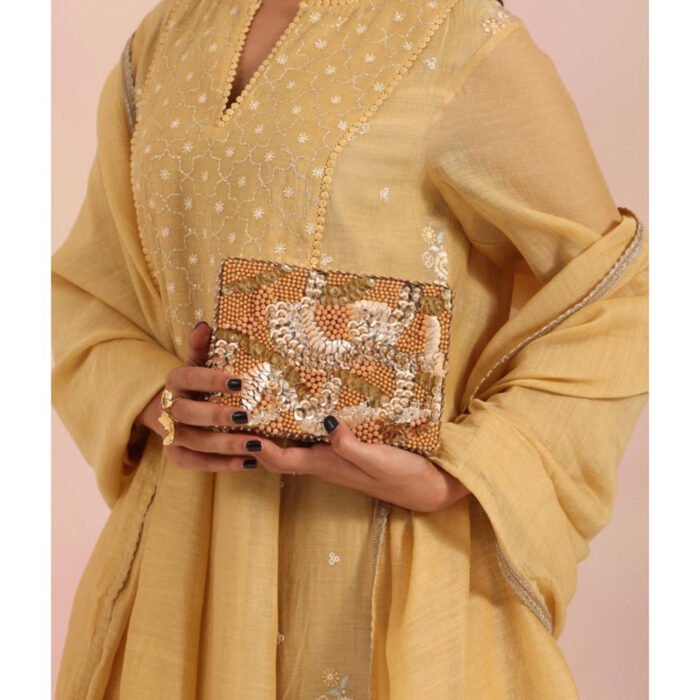 Hello Hi Amna Gold Suede Embellished Clutch with Detachable Strap