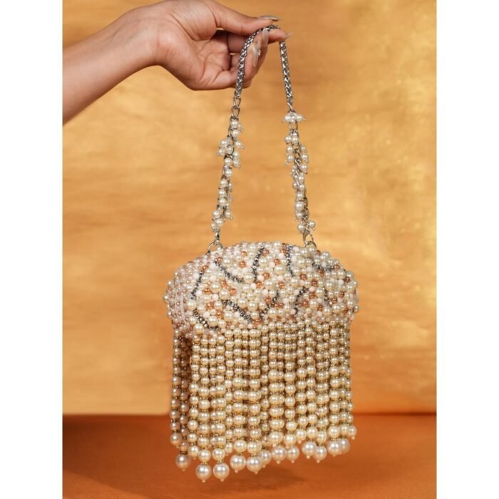 Hello Hi Chloe Ivory Suede Clutch with Big Pearl Hanging Sling Chain