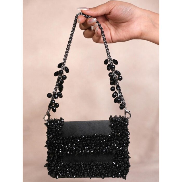 Hello Hi Elana Black Suede Crystal Embellished Clutch with Detachable Sling Chain