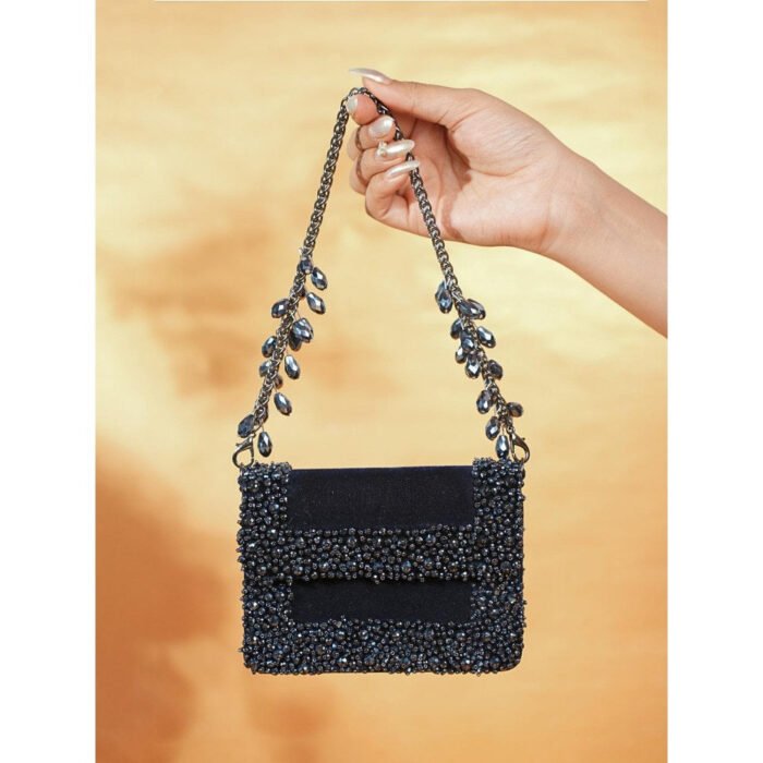 Hello Hi Elana Navy Blue Suede Crystal Embellished Clutch with Detachable Sling Chain