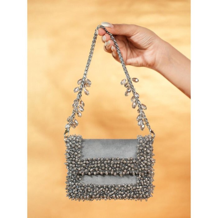 Hello Hi Elana Grey Suede Crystal Embellished Clutch with Detachable Sling Chain