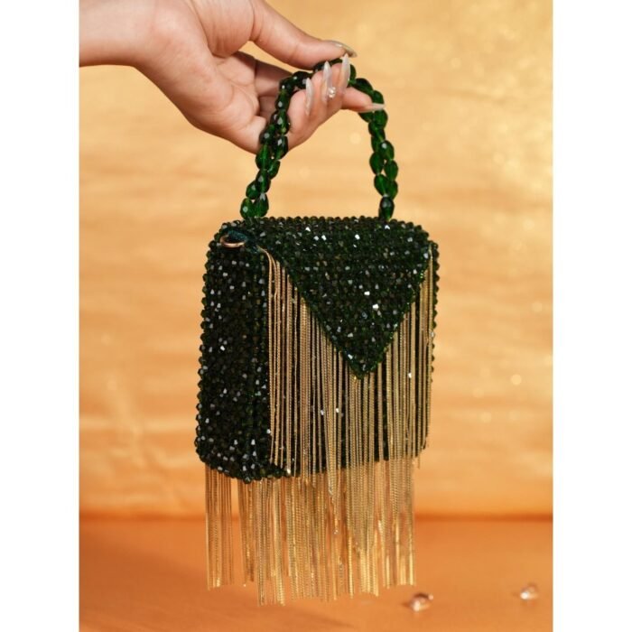 Hello Hi Natali Green Embellished Clutch with Detachable Sling Chain