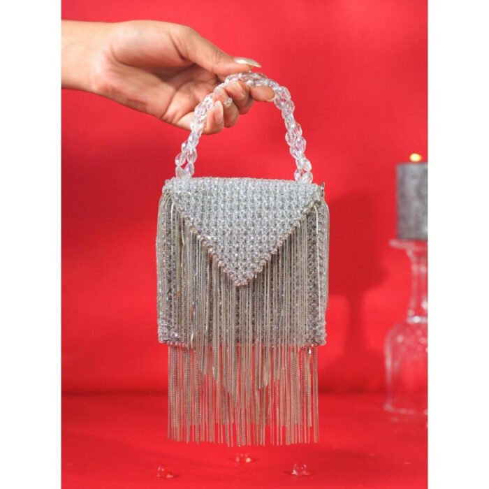 Hello Hi Natali Silver Embellished Clutch with Detachable Sling Chain