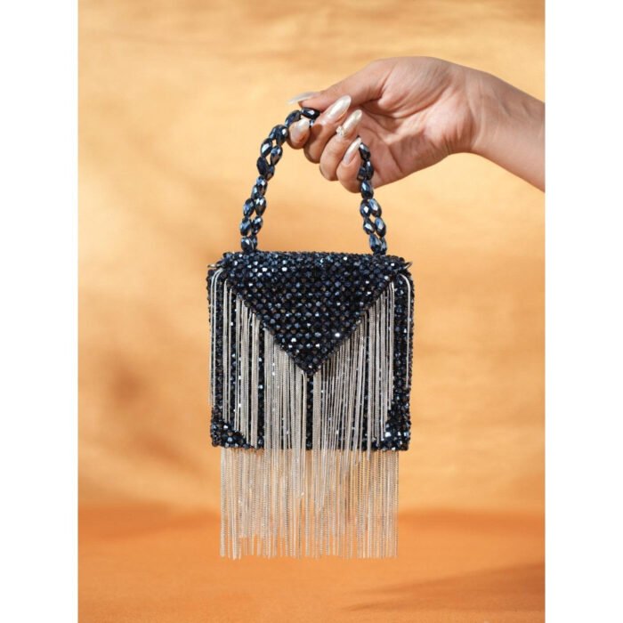 Hello Hi Natali Navy Blue Embellished Clutch with Detachable Sling Chain