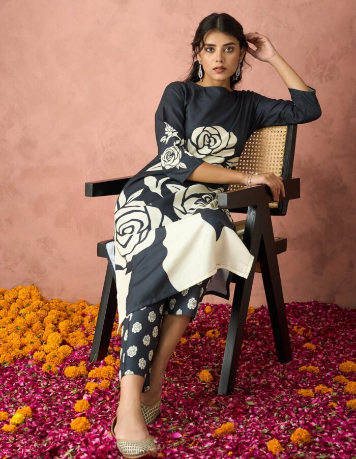 Women's Elegant Black Embroidered Kurti Set