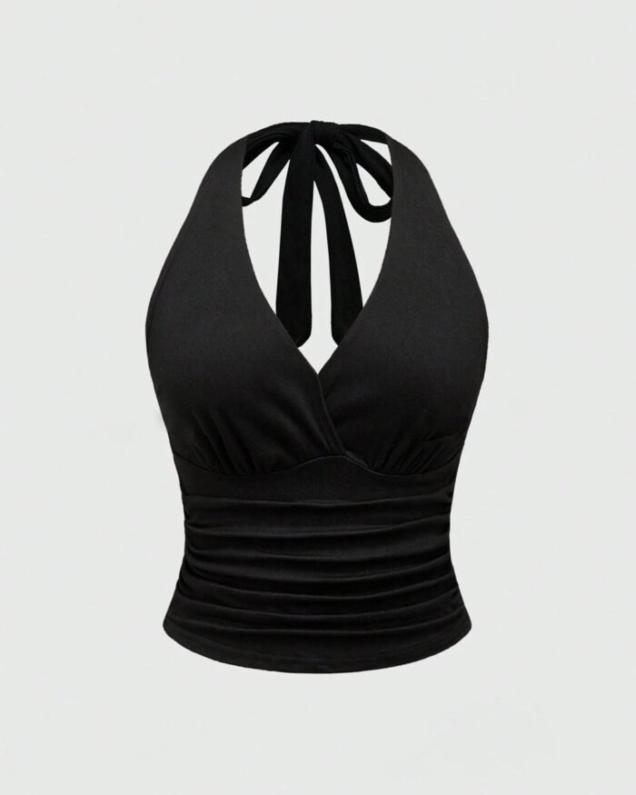 Halter Tie Waist Ruched Fitted Chic Glamour Black Tank Top