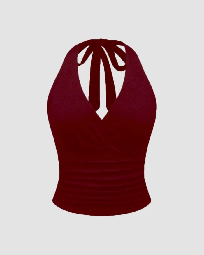 Halter Tie Waist Ruched Fitted Chic Glamour Burgundy Tank Top