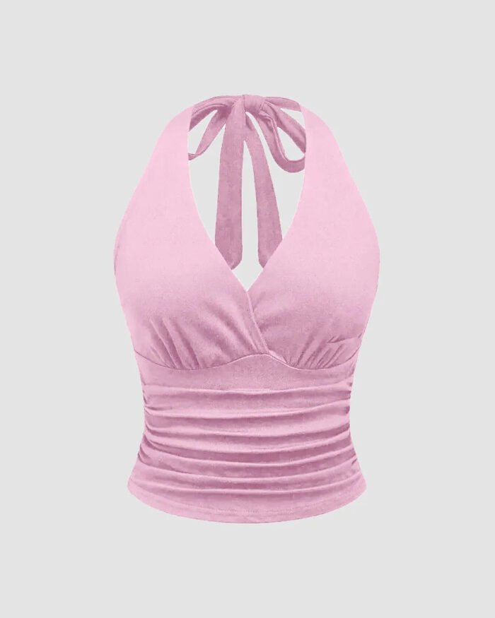 Halter Tie Waist Ruched Fitted Chic Glamour Prism Pink Tank Top