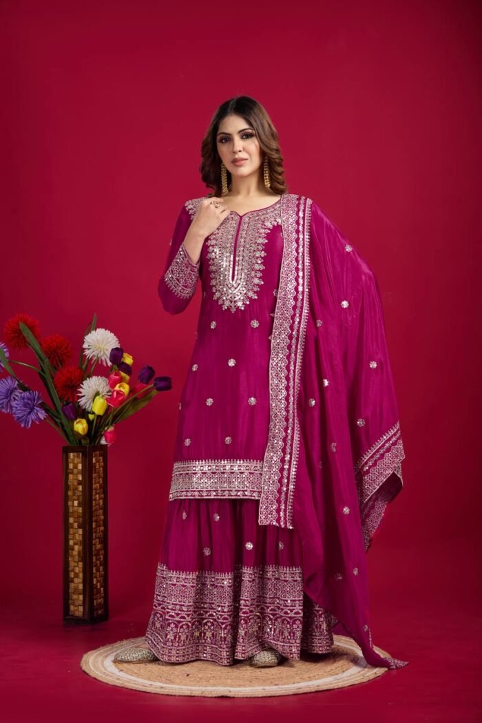 Women's CHINON Silk Embroidery Sequence Work Pakistani Sharara Suit