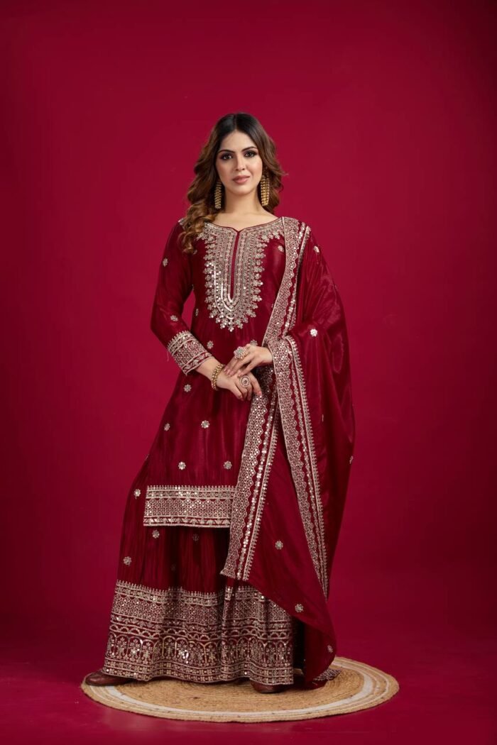 Women's CHINON Silk Embroidery Sequence Work Pakistani Sharara Suit
