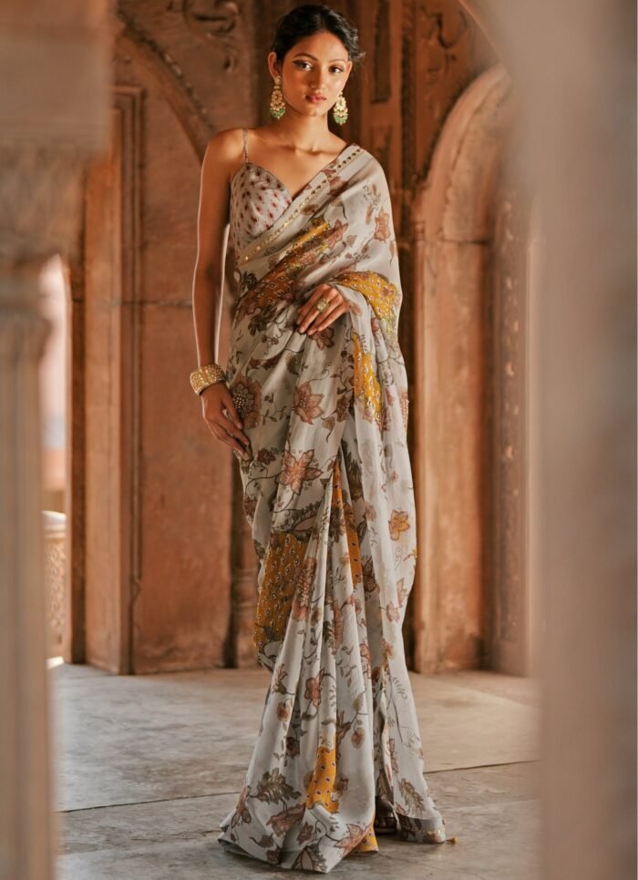 Grey Printed Organza Embroidered Saree