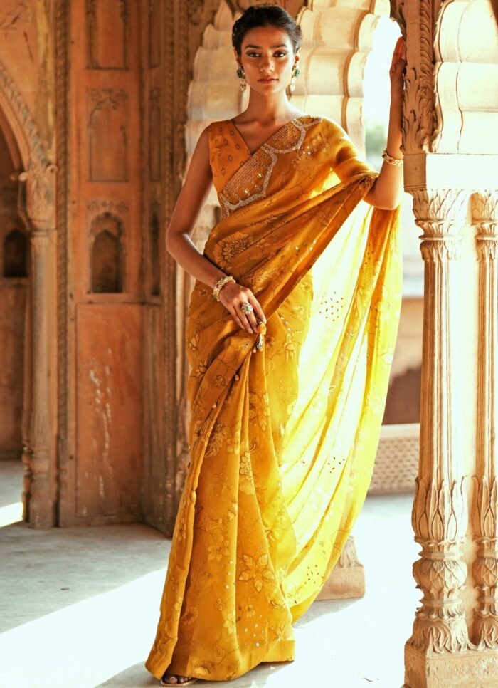 Gold Printed Organza And Embroidered Saree
