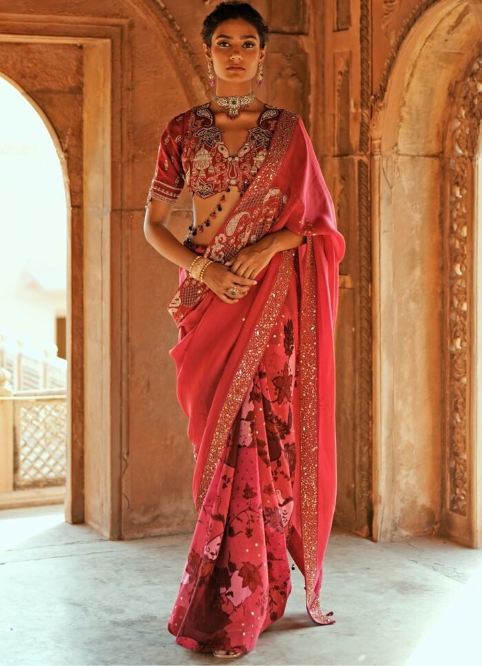 Pink Printed Organza Embroidered Saree