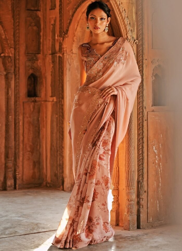 Blush Pink Printed Organza Embroidered Saree