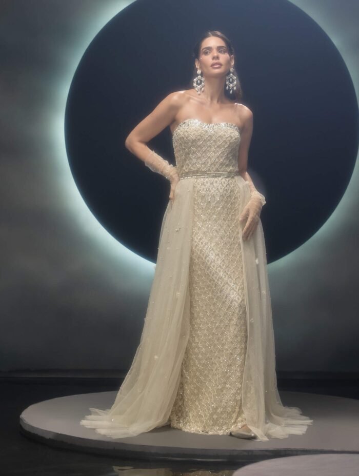 Radiara ivory gown with trail skirt