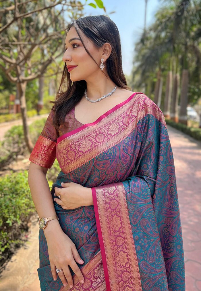 Women's Blue Orange Soft Kashmiri Silk Zari Woven Saree