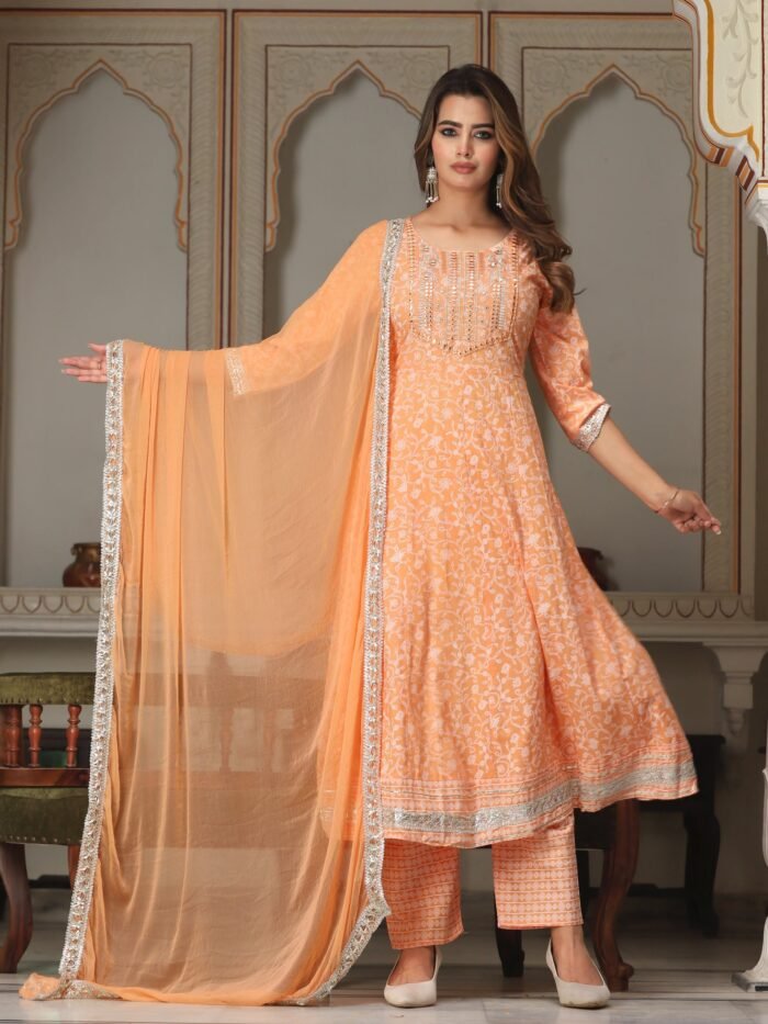 Women's Anarkali Rayon Printed Embroidered Kurta With Pant And Dupatta