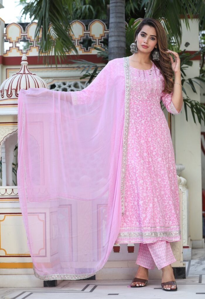 Women's Anarkali Rayon Printed Embroidered Kurta With Pant And Dupatta
