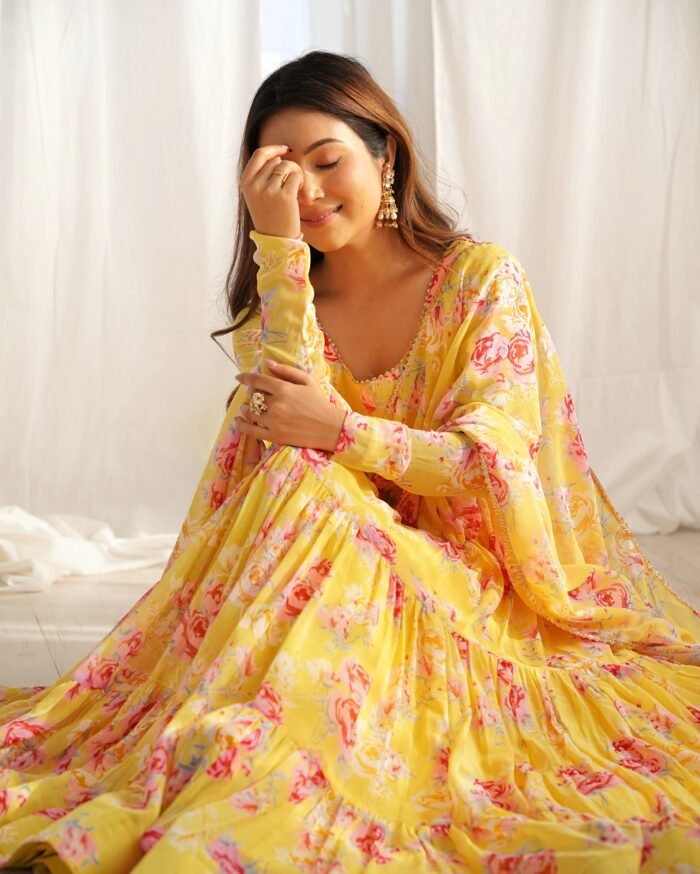 Women's Yellow Fox Georgette Digital Printed Anarkali Set