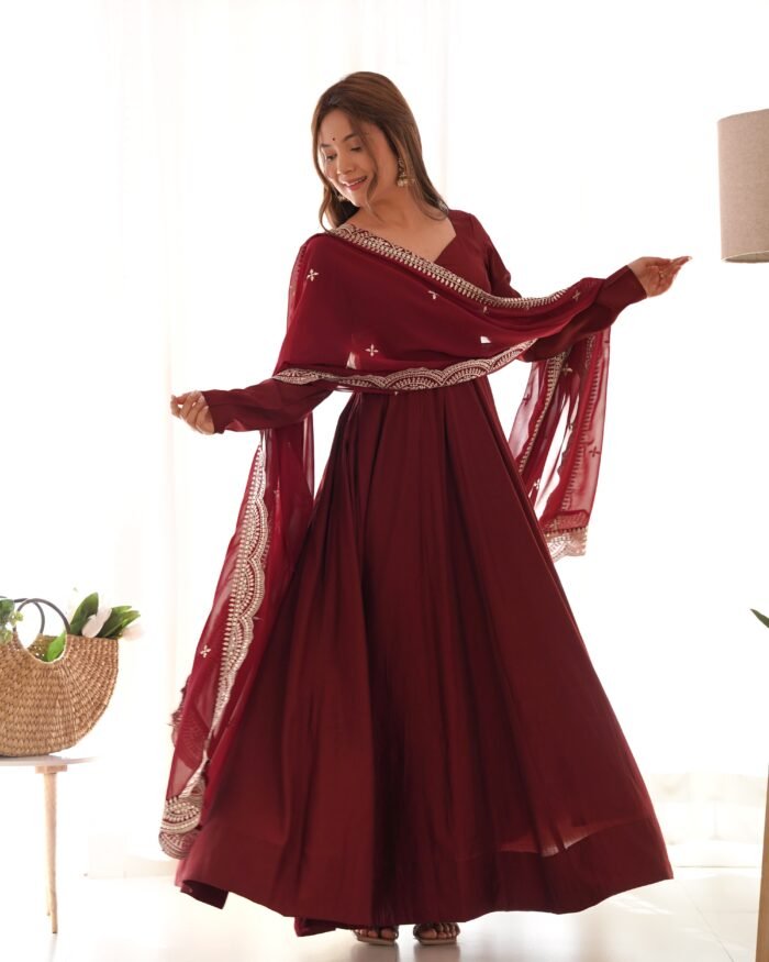 Women's Maroon Romansilk Embroidery & Printed Anarkali Set