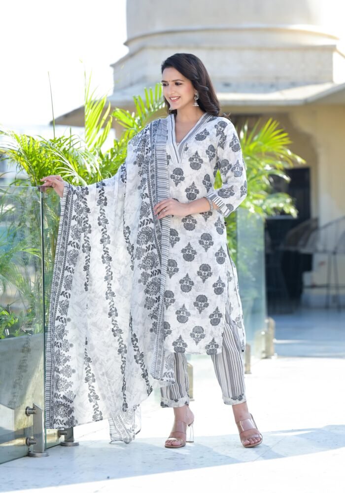 Women's Grey Floral Printed Cotton Kurta Dhoti Pant & Dupatta Set