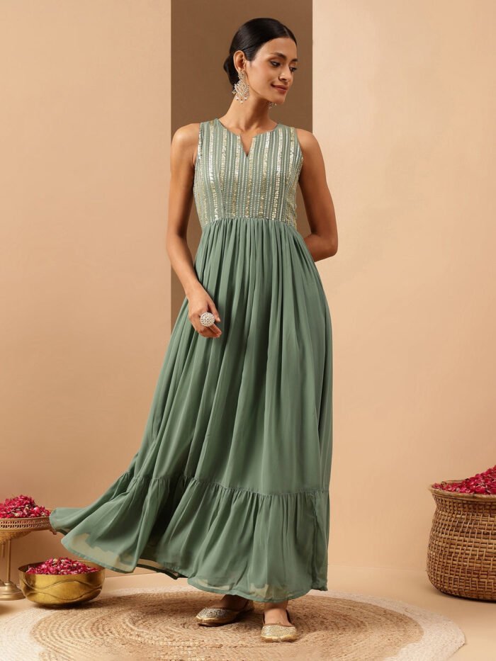 Women's Sage Georgette Embroidered Sleeveless Gown