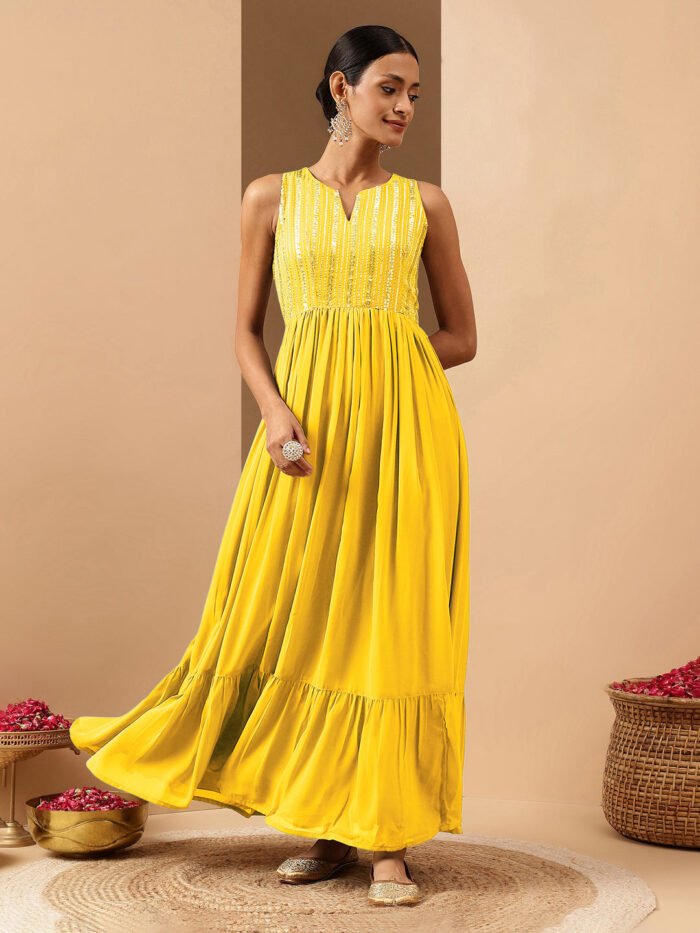 Women's Yellow Georgette Embellished Sleeveless Gown