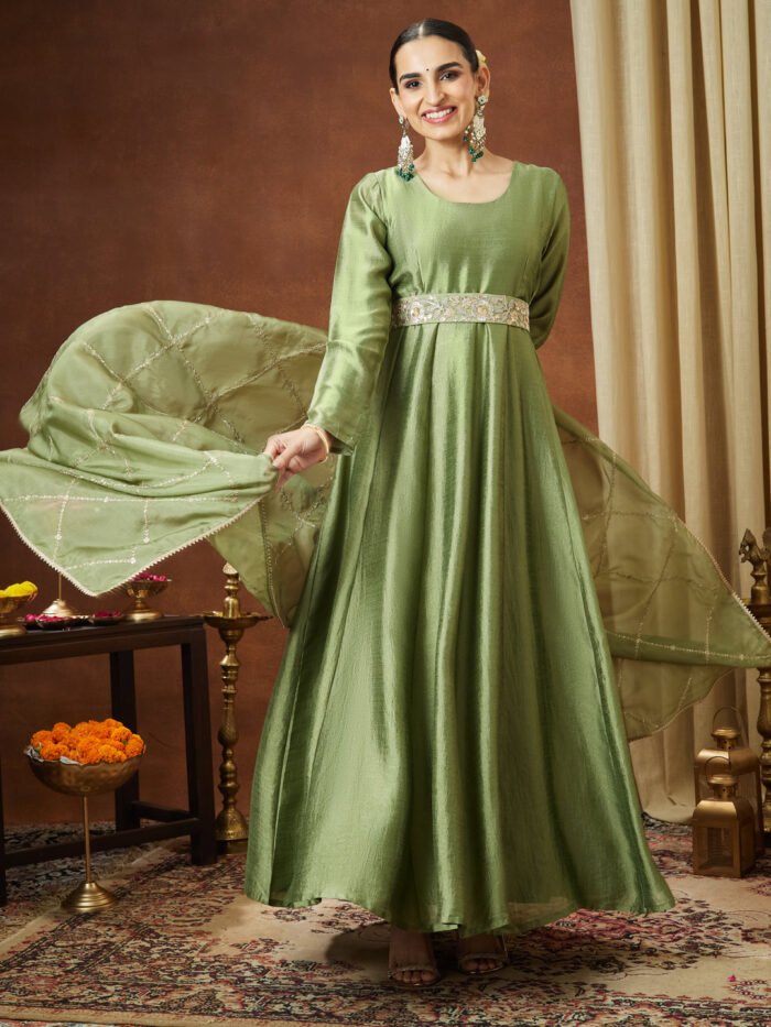 Women's Sage Silk Blend Solid Long Sleeves Gown