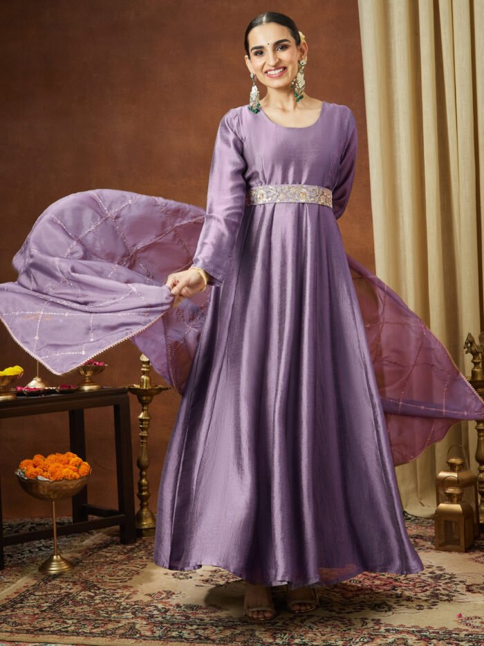 Women's Lavender Silk Blend Solid Long Sleeves Gown
