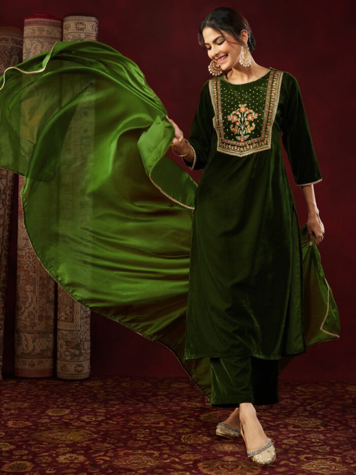 Women's Olive Velvet Yoke Embroidery Three Quarter Sleeves Kurta Set
