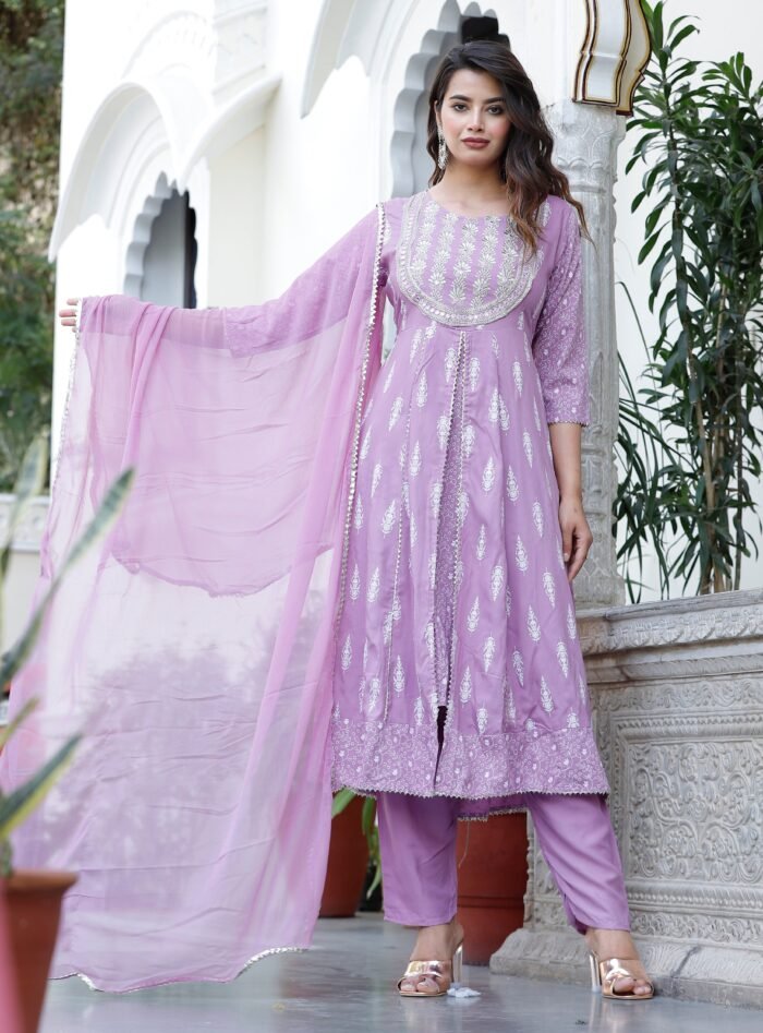 Women's Purple Rayon Embroidered Round Neck Anarkali Set