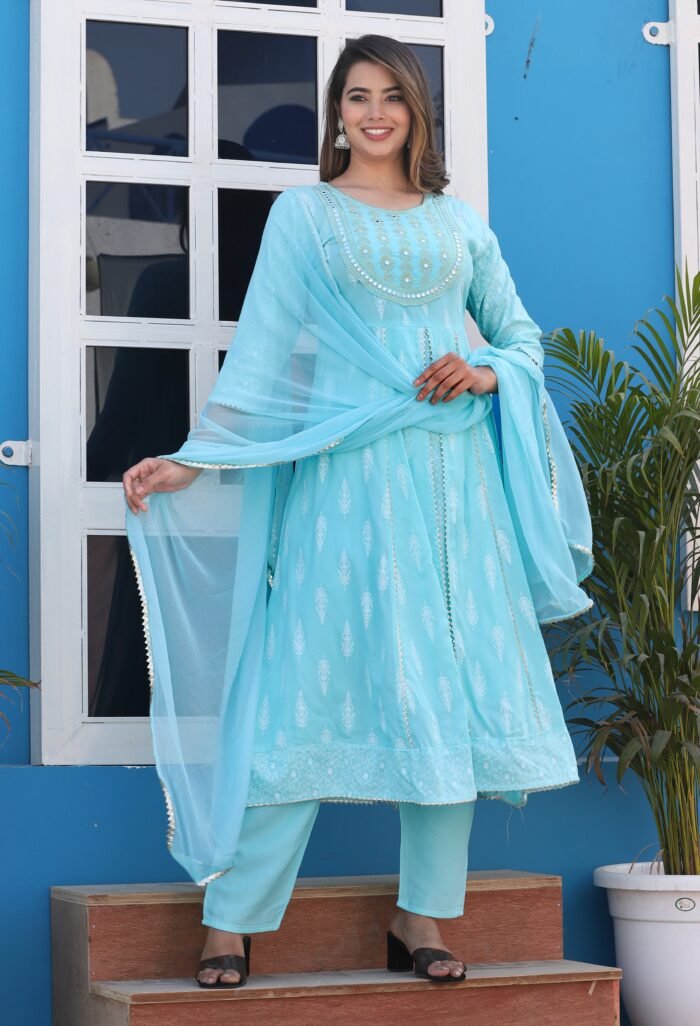 Women's Sky Rayon Embroidered Round Neck Anarkali Set