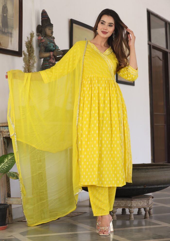 Women's Yellow Rayon Embroidered V-Neck Anarkali Set