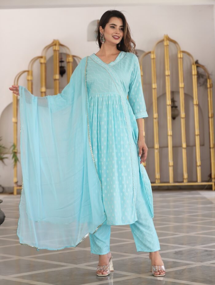 Women's Sky Rayon Embroidered V-Neck Anarkali Set