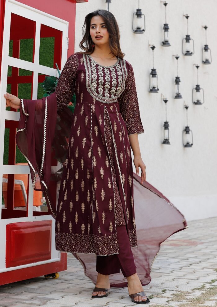 Women's Wine Rayon Embroidered Round Neck Anarkali Set