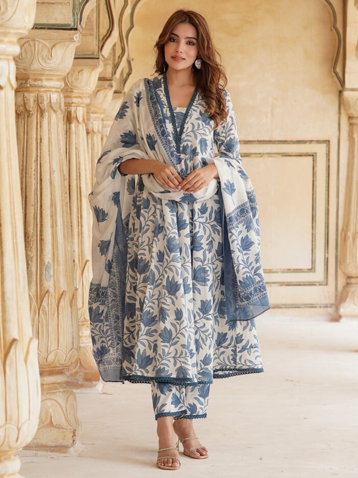 Women's Blue Floral Anarkali Kurta Pant And Dupatta Set