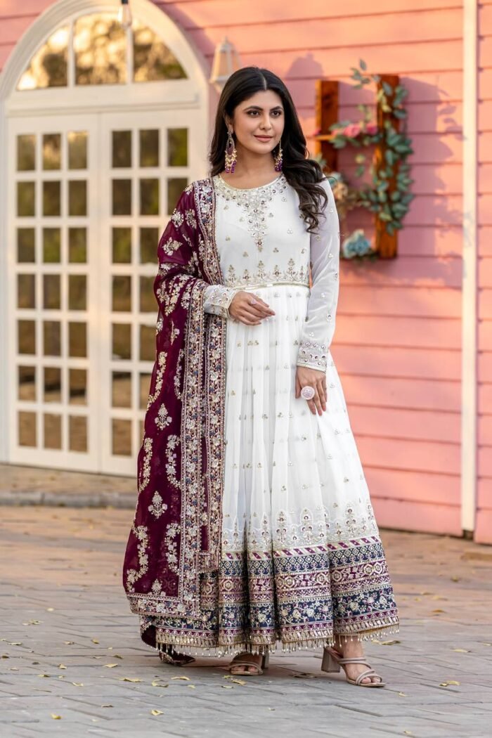 Women's White Colour Faux Georgette Heavy Embroidery Work Fully Stitched Pakistani Suit