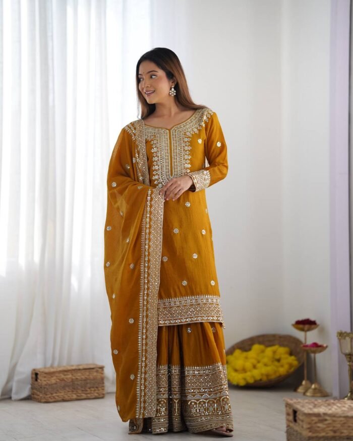Women's Musterd Colour Chinnon Silk Heavy Embroidery Work Fully Stitched Pakistani Suit