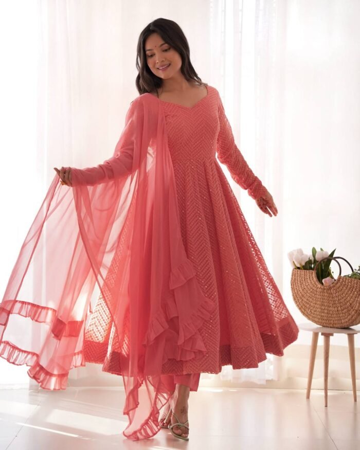 Women's Peach soft Georgette Embroidery Anarkali set