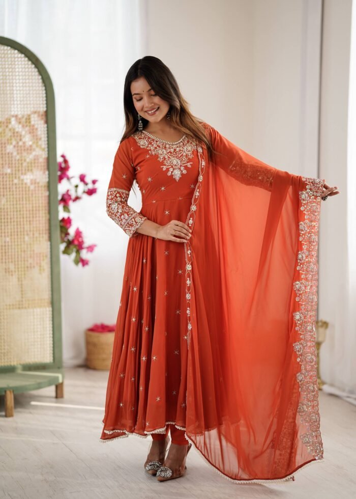 Women's Orange Faux Georgette Embroidery Anarkali set