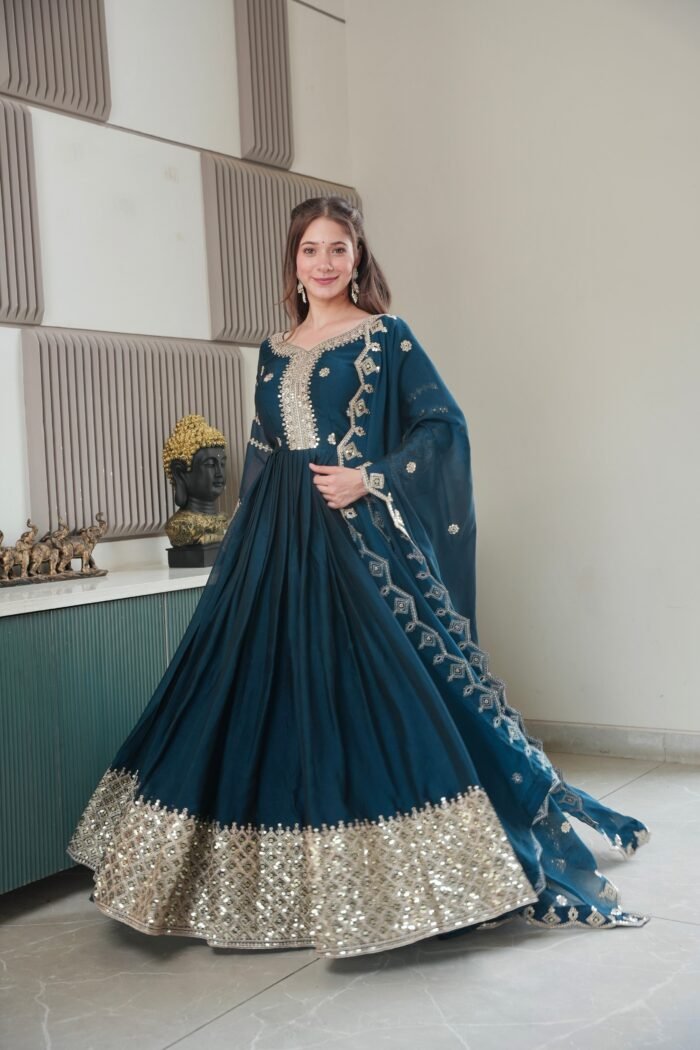 Women's Teal Crush Silk Embroidery Gown