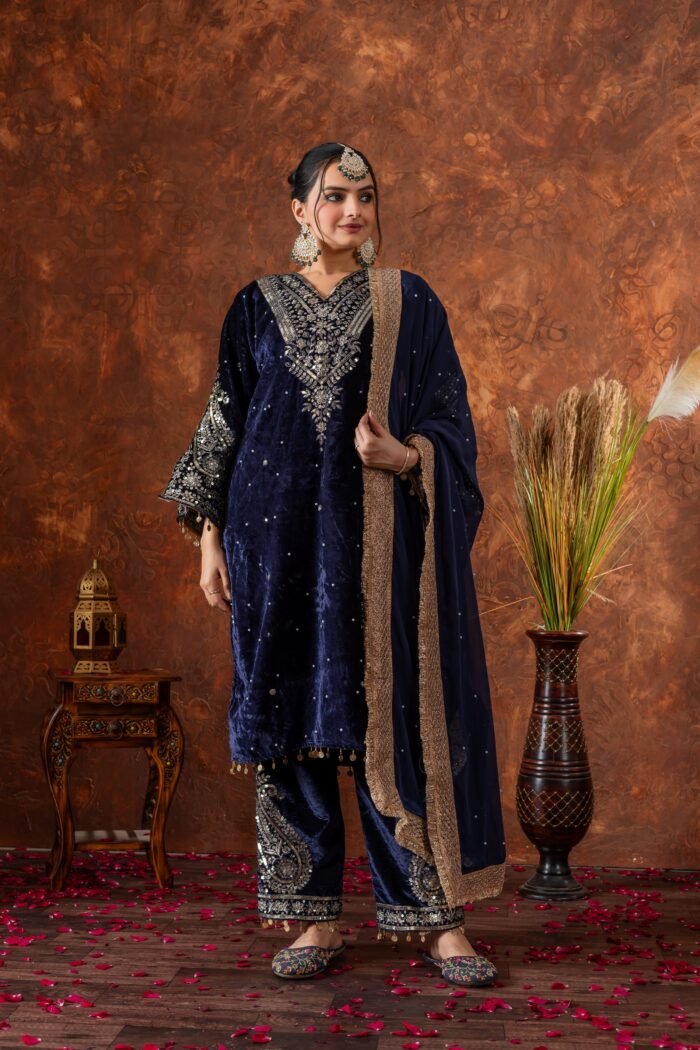 Women's Blue Color Velvet Silk Embroidery Work Pakistani Suit