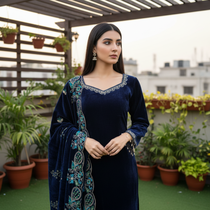 Women's Blue Color Velvet Designer Embroidery Work Pakistani Suit