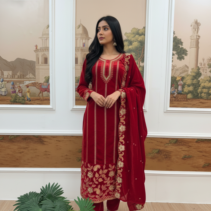 Women's Red Color Velvet Designer Embroidery Work Pakistani Suit