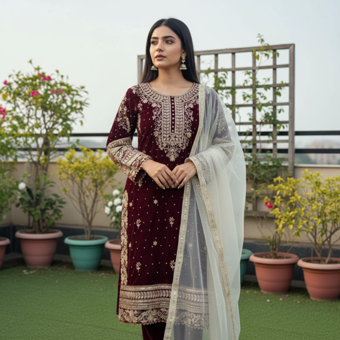 Women's Maroon Color Velvet Designer Embroidery Work Pakistani Suit