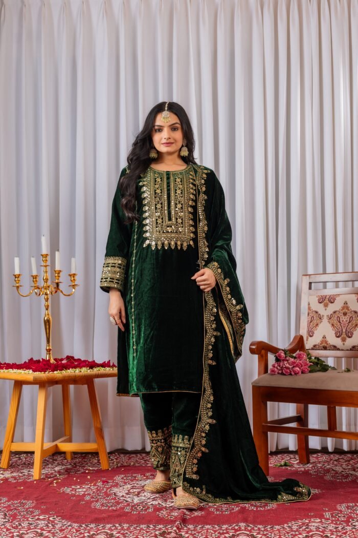 Women's Green Color Velvet Designer Embroidery Work Pakistani Suit